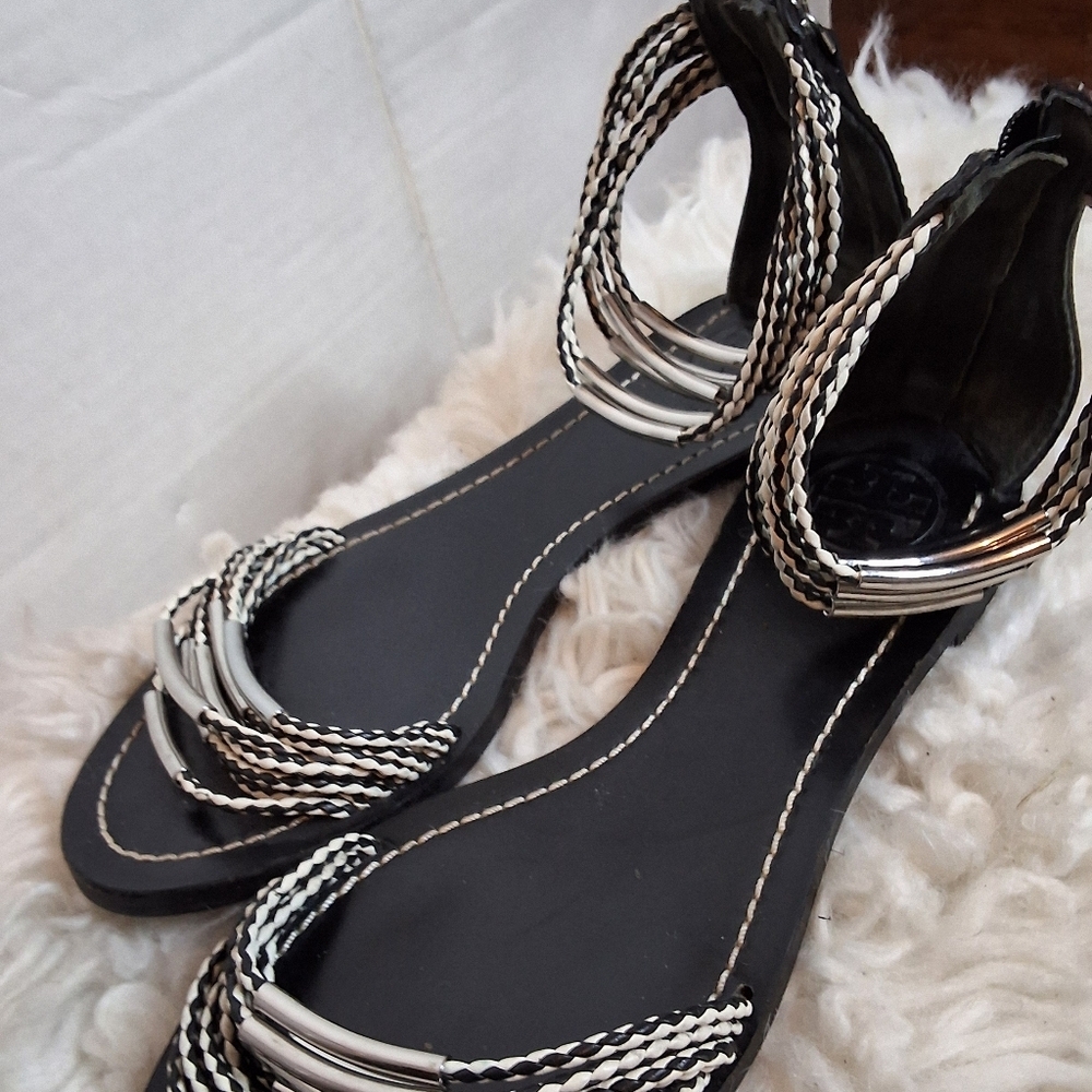 Tory Burch Braided Rope Metal Flat Sandals Black White Ankle Strap 6 - Picture 5 of 12
